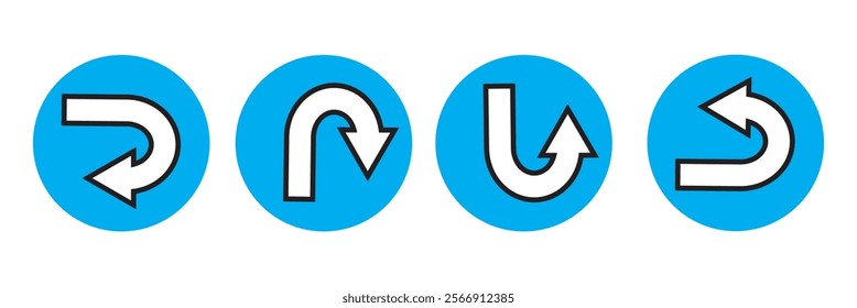 Go Straight This Way One Way Only U Turn Left and Right Black Arrow Sign Direction Icon Set. Vector Image.