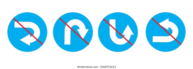 Go Straight This Way One Way Only U Turn Left and Right Blue and White Arrow Round Circle Traffic Sign Direction Icon Set. Vector Image.