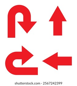 Go Straight This Way One Way Only U Turn Left and Right Red Arrow Sign Direction Icon Set. Vector Image.