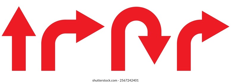 Go Straight This Way One Way Only U Turn Left and Right Red Arrow Sign Direction Icon Set. Vector Image.