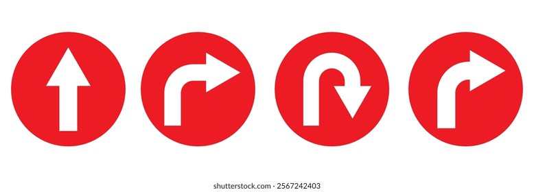 Go Straight This Way One Way Only U Turn Left and Right Red Arrow Sign Direction Icon Set. Vector Image.