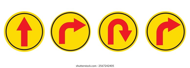 Go Straight This Way One Way Only U Turn Left and Right Red Arrow Sign Direction Icon Set. Vector Image.