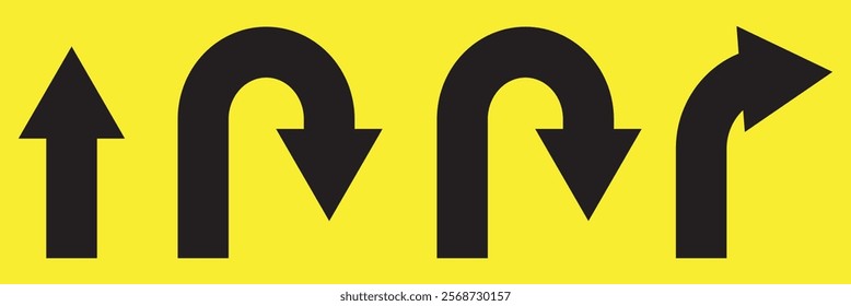 Go Straight This Way One Way Only U Turn Left and Right Black Arrow Sign Direction Icon Set. Vector Image.