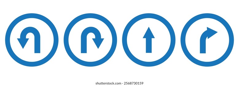 Go Straight This Way One Way Only U Turn Left and Right Black Arrow Sign Direction Icon Set. Vector Image.