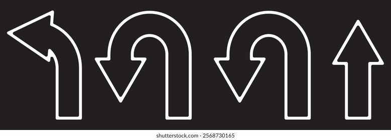 Go Straight This Way One Way Only U Turn Left and Right Black Arrow Sign Direction Icon Set. Vector Image.