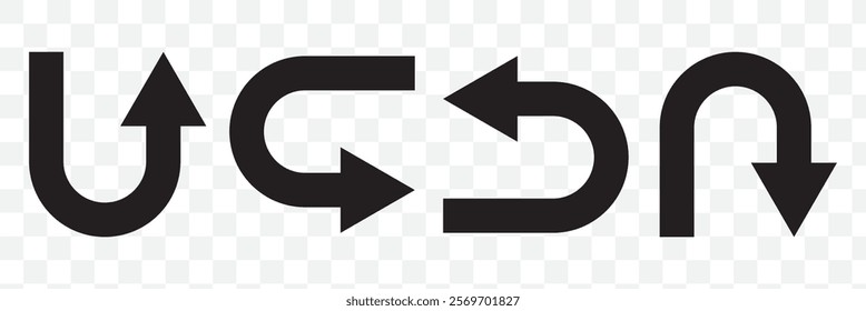 Go Straight This Way One Way Only U Turn Left and Right Black Arrow Sign Direction Icon Set. Vector Image. eps 10.