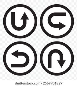 Go Straight This Way One Way Only U Turn Left and Right Black Arrow Sign Direction Icon Set. Vector Image. eps 10.