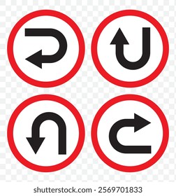 Go Straight This Way One Way Only U Turn Left and Right Black Arrow Sign Direction Icon Set. Vector Image. eps 10.