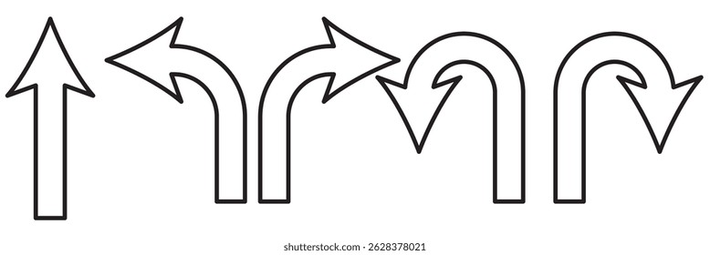 go straight this way one way only u turn left and right black arrow sign vector illustration. EPS 10.