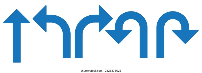 go straight this way one way only u turn left and right black arrow sign vector illustration. EPS 10.
