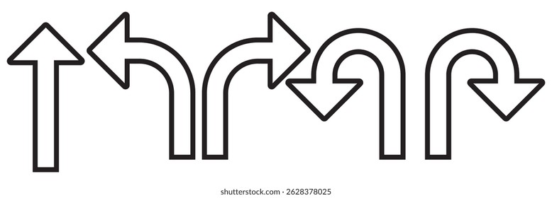 go straight this way one way only u turn left and right black arrow sign vector illustration. EPS 10.