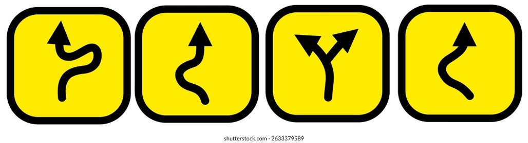 Ir Direto Desta Maneira Apenas U Vire à Esquerda e Direita Amarelo e Seta Preta ao Redor do Círculo Símbolo de Tráfego Direção Ícone Definir. Imagem vetorial.