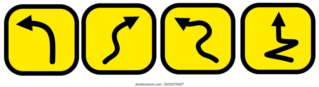 Go Straight This Way One Way Only U Turn Left and Right Yellow and Black Arrow Round Circle Traffic Sign Direction Icon Set. Vector Image.