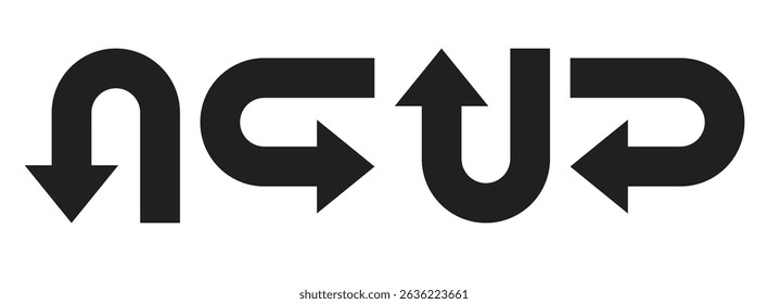 Go Straight This Way One Way Only U Turn Left and Right Black Arrow Sign Direction Icon Set. unique black design on white background
