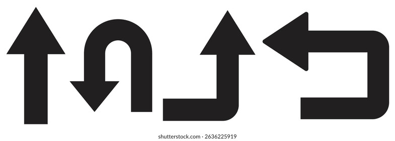 Go Straight This Way One Way Only U Turn Left and Right Black Arrow Sign Direction Icon Set. unique black design on white background