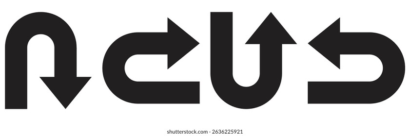 Go Straight This Way One Way Only U Turn Left and Right Black Arrow Sign Direction Icon Set. unique black design on white background