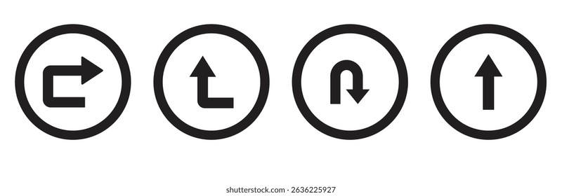 Go Straight This Way One Way Only U Turn Left and Right Black Arrow Sign Direction Icon Set. unique black design on white background