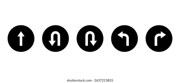 Go straight, this way, one way only, U turn, left and right arrow direction icon on black circle