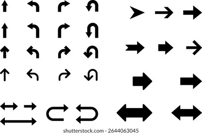 Go Straight This Way One Way Only U Turn Left and Right Black Arrow Sign Direction Icon Set. Vector Image.