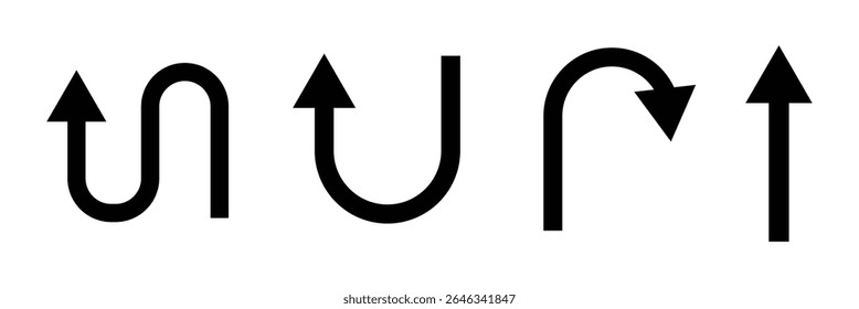 Go Straight This Way One Way Only U Turn Left and Right Blue and White Arrow Round Circle Traffic Sign Direction Icon Set. Vector Image. EPS 10 . Vector Illustration . 