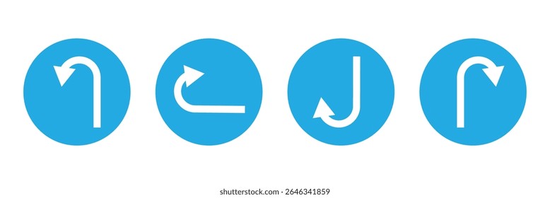 Go Straight This Way One Way Only U Turn Left and Right Blue and White Arrow Round Circle Traffic Sign Direction Icon Set. Vector Image. EPS 10 . Vector Illustration . 