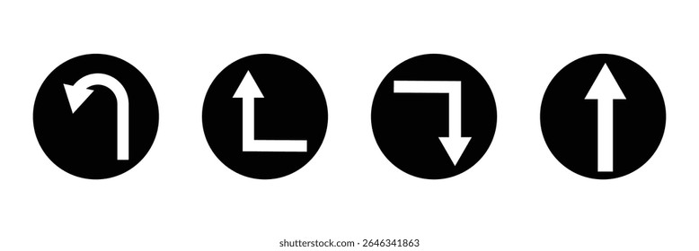 Go Straight This Way One Way Only U Turn Left and Right Blue and White Arrow Round Circle Traffic Sign Direction Icon Set. Vector Image. EPS 10 . Vector Illustration . 