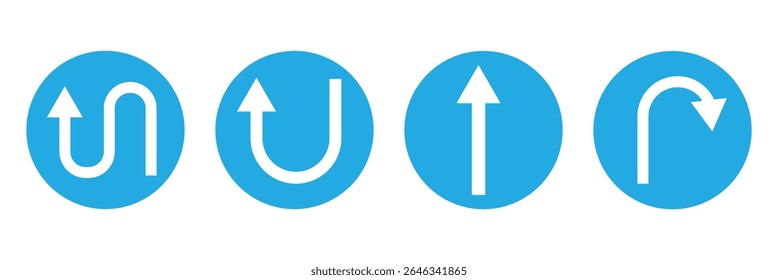 Go Straight This Way One Way Only U Turn Left and Right Blue and White Arrow Round Circle Traffic Sign Direction Icon Set. Vector Image. EPS 10 . Vector Illustration . 