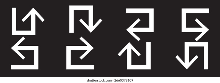 Go Straight This Way One Way Only U Turn Left and Right Black and White Arrow Round Circle Traffic Sign Direction Icon Set. Vector Image. 