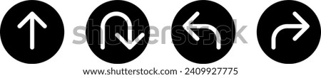 Go Straight This Way One Way Only U Turn Left and Right Black and White Arrow Round Circle Traffic Sign Direction Icon Set. Vector Image.