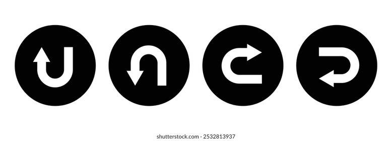Ve recto, gira a la derecha, izquierda, gira en U. Conjunto de iconos de dirección de signo de flecha. Ilustrador de Vector.