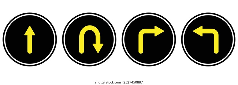 Ve Recto, Vuelta U, Derecha e Izquierda, Por Aquí, En Un Solo Sentido, Solo Vuelta U. Conjunto de iconos de dirección de signo de flecha negra. Ilustración vectorial.