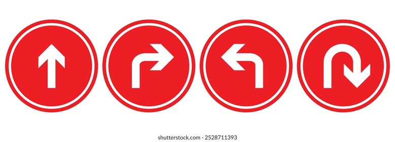 Go Straight, U turn, Right Left, One Way, Only U Turn Arrow Sign Direction Icon. Set of arrows red icons. Circle arrows, rotate arrow, spinning loading symbol. Circular rotation, redo process.