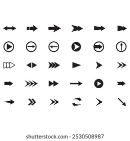 Go Straight, U turn, Right and Left, This Way, One Way, Only U Turn Black Arrow Sign Direction Icon Set. Vector Image. eps arrow button icon symbol. back forward new collection arrow sign. 