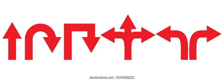 Go Straight, U turn, Right and Left, This Way, One Way, Only U Turn Black Arrow Sign Direction Icon Set. Vector Image.