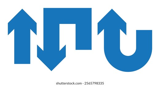 Go Straight, U turn, Right and Left, This Way, One Way, Only U Turn Black Arrow Sign Direction Icon Set. Vector Image.