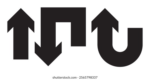 Go Straight, U turn, Right and Left, This Way, One Way, Only U Turn Black Arrow Sign Direction Icon Set. Vector Image.