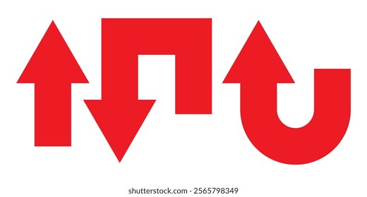 Go Straight, U turn, Right and Left, This Way, One Way, Only U Turn Black Arrow Sign Direction Icon Set. Vector Image.