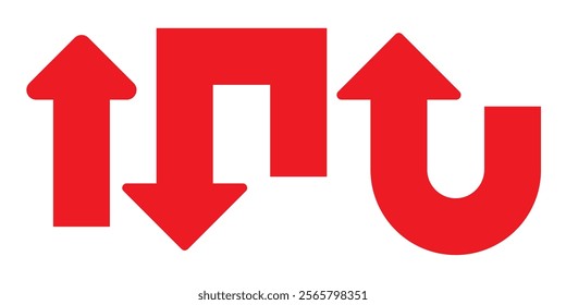 Go Straight, U turn, Right and Left, This Way, One Way, Only U Turn Black Arrow Sign Direction Icon Set. Vector Image.