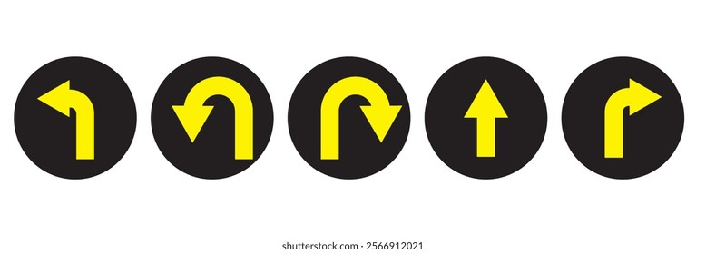 Go Straight, U turn, Right and Left, This Way, One Way, Only U Turn Black Arrow Sign Direction Icon Set. Vector Image.