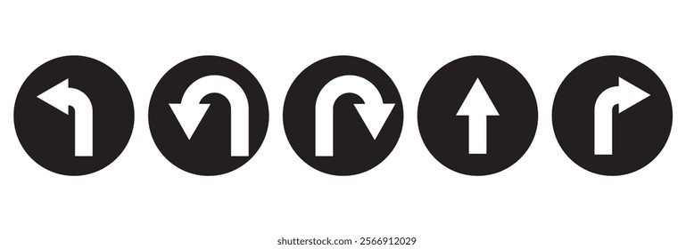 Go Straight, U turn, Right and Left, This Way, One Way, Only U Turn Black Arrow Sign Direction Icon Set. Vector Image.