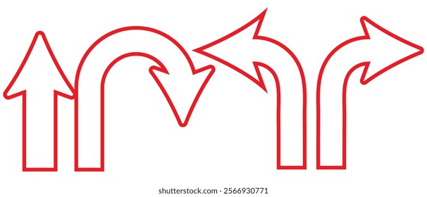 Go Straight, U turn, Right and Left, This Way, One Way, Only U Turn Black Arrow Sign Direction Icon Set. Vector Image.