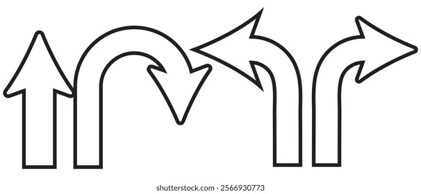 Go Straight, U turn, Right and Left, This Way, One Way, Only U Turn Black Arrow Sign Direction Icon Set. Vector Image.