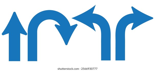 Go Straight, U turn, Right and Left, This Way, One Way, Only U Turn Black Arrow Sign Direction Icon Set. Vector Image.