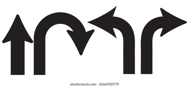 Go Straight, U turn, Right and Left, This Way, One Way, Only U Turn Black Arrow Sign Direction Icon Set. Vector Image.