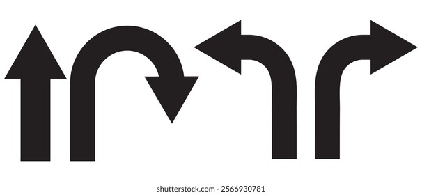 Go Straight, U turn, Right and Left, This Way, One Way, Only U Turn Black Arrow Sign Direction Icon Set. Vector Image.