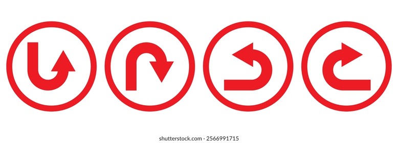 Go Straight, U turn, Right and Left, This Way, One Way, Only U Turn Black Arrow Sign Direction Icon Set. Vector Image.