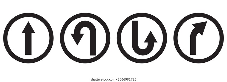 Go Straight, U turn, Right and Left, This Way, One Way, Only U Turn Black Arrow Sign Direction Icon Set. Vector Image.