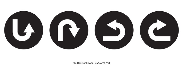 Go Straight, U turn, Right and Left, This Way, One Way, Only U Turn Black Arrow Sign Direction Icon Set. Vector Image.