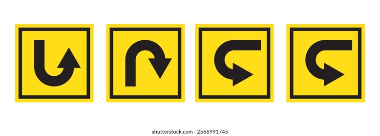 Go Straight, U turn, Right and Left, This Way, One Way, Only U Turn Black Arrow Sign Direction Icon Set. Vector Image.