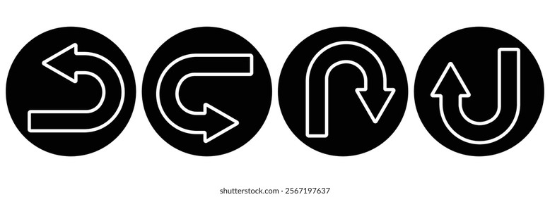 Go Straight, U turn, Right and Left, This Way, One Way, Only U Turn Black Arrow Sign Direction Icon Set. U turn sign vector art. Vector Illustration